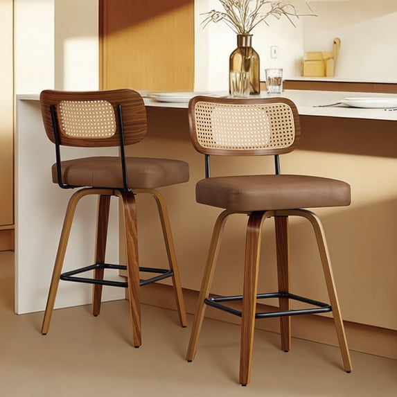 Spruce & Spring 26" Swivel Counter Bar Stool with Walnut Bentwood Frame Set of 2, PE Rattan Back, Brown