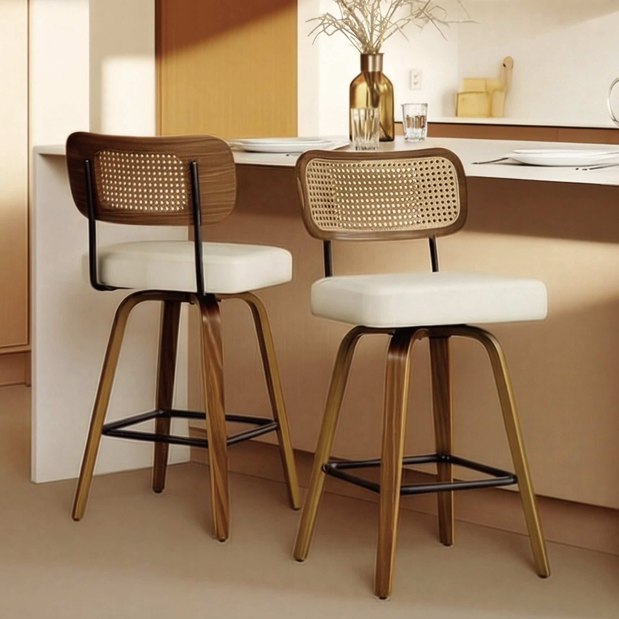 Spruce & Spring 26" Swivel Counter Bar Stool with Walnut Bentwood Frame Set of 2, PE Rattan Back, Ivory
