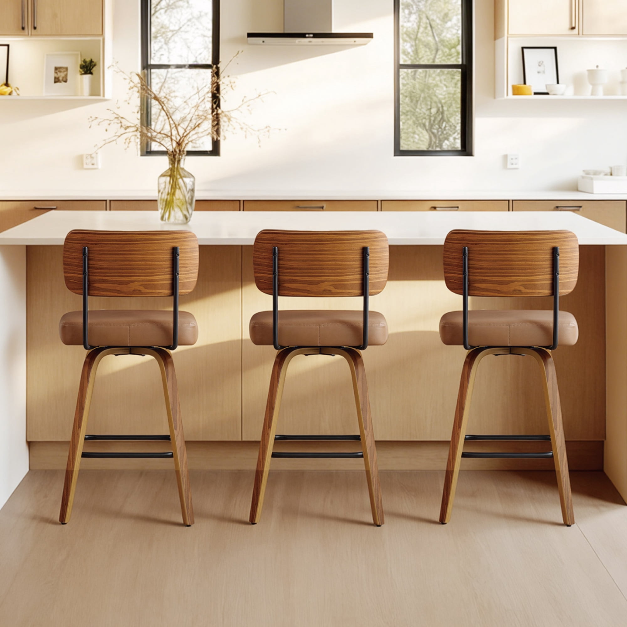Spruce & Spring 26" Swivel Counter Bar Stool with Walnut Bentwood Frame Set of 3, Upholstered Back, Brown