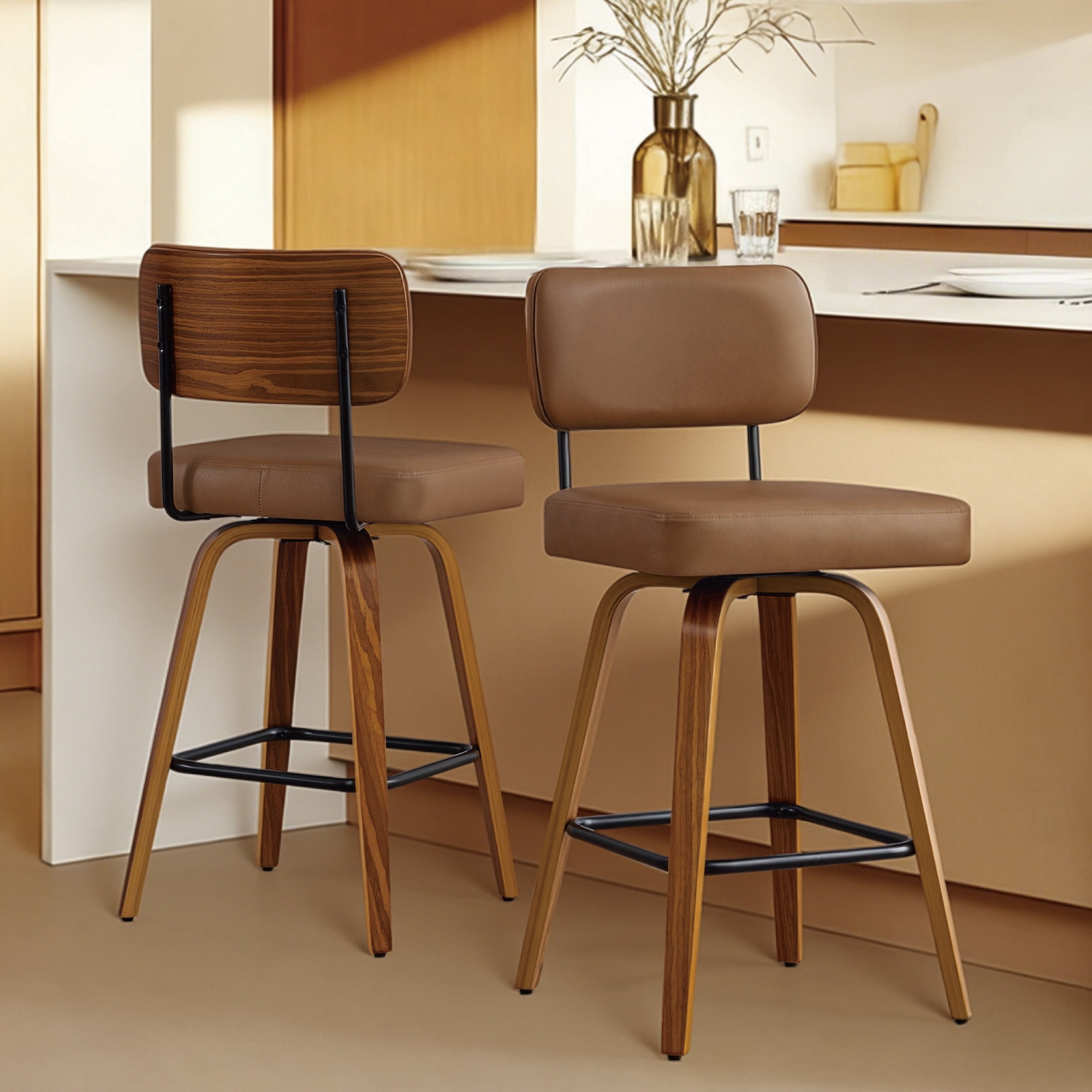 Spruce & Spring 26" Swivel Counter Bar Stool with Walnut Bentwood Frame Set of 2, Upholstered Back, Brown