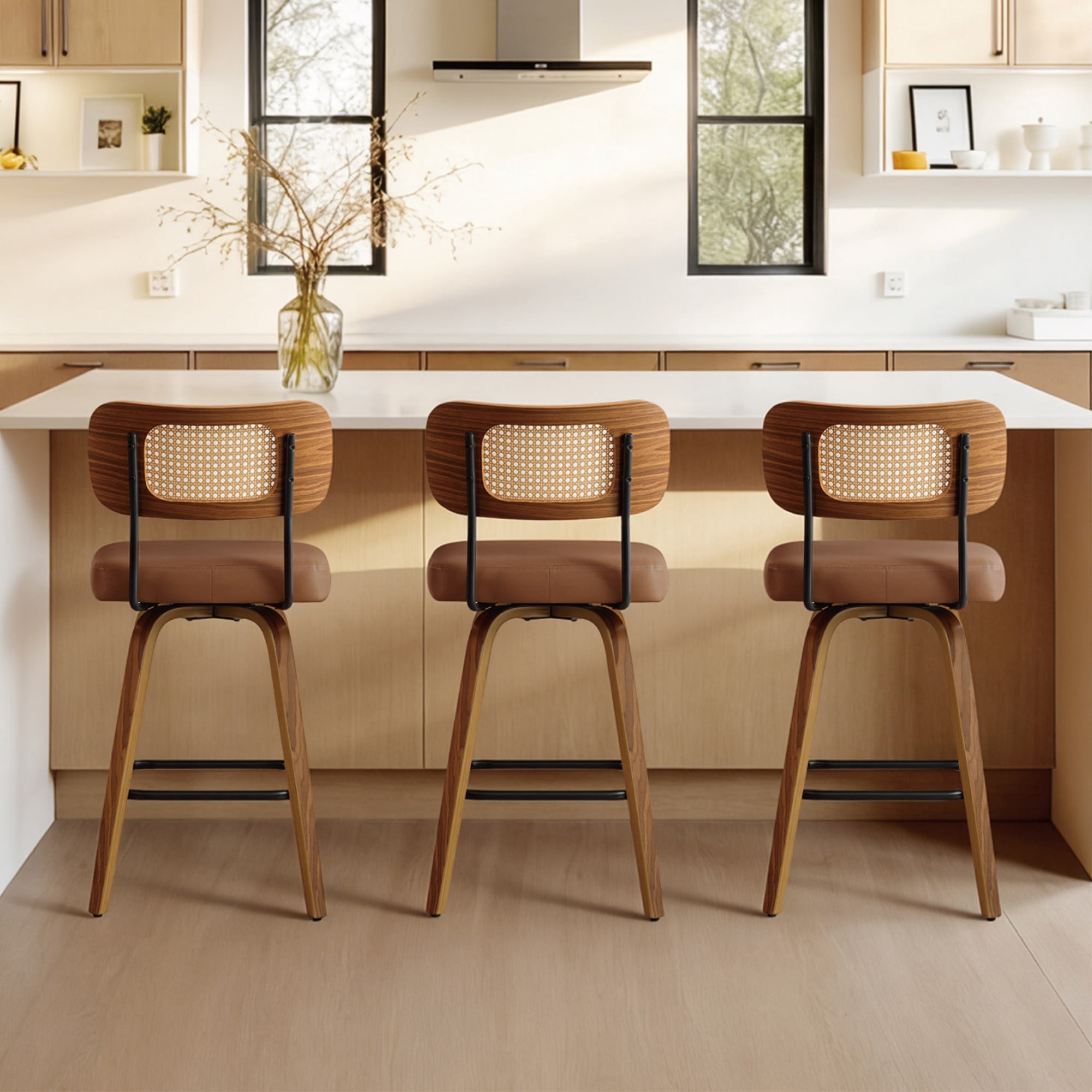 Spruce & Spring 26" Swivel Counter Bar Stool with Walnut Bentwood Frame Set of 3, PE Rattan Back, Brown