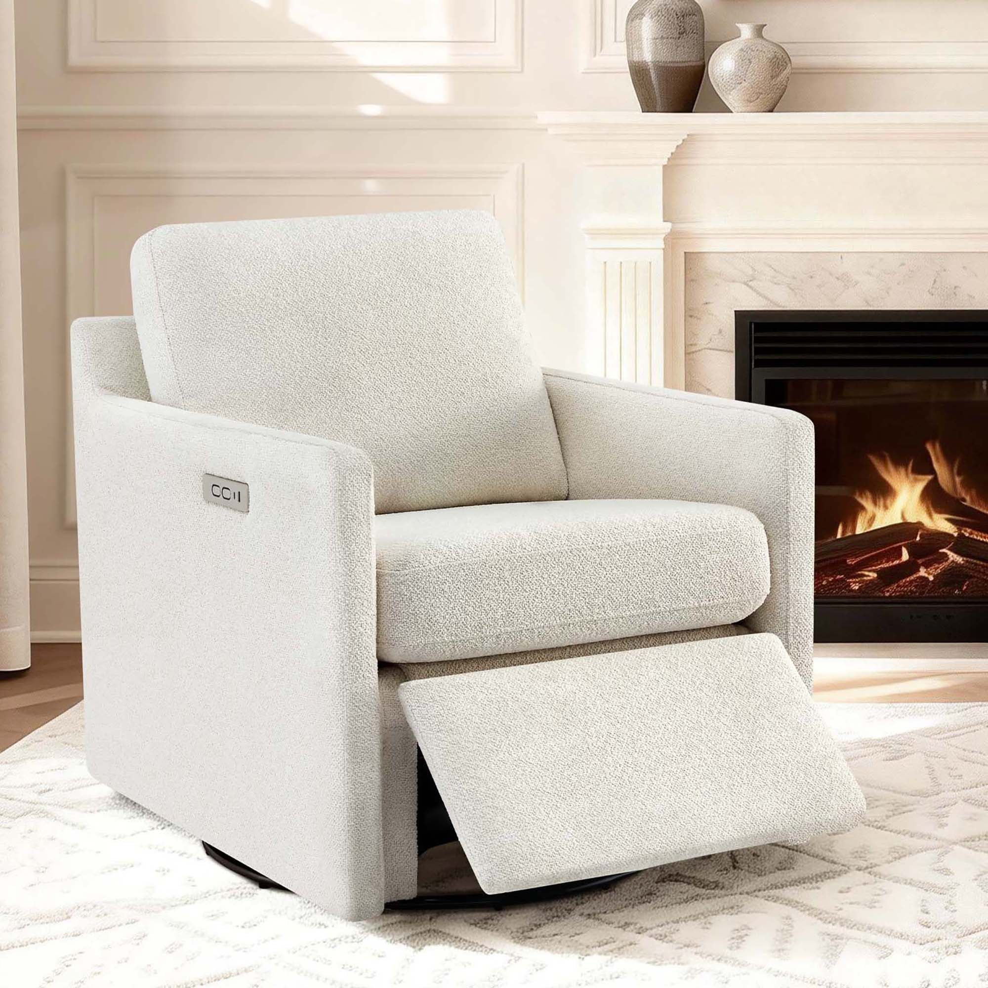 Spruce & Spring 270-Degree Swivel Accent Chair with Power Footrest & Charging Ports, Cream