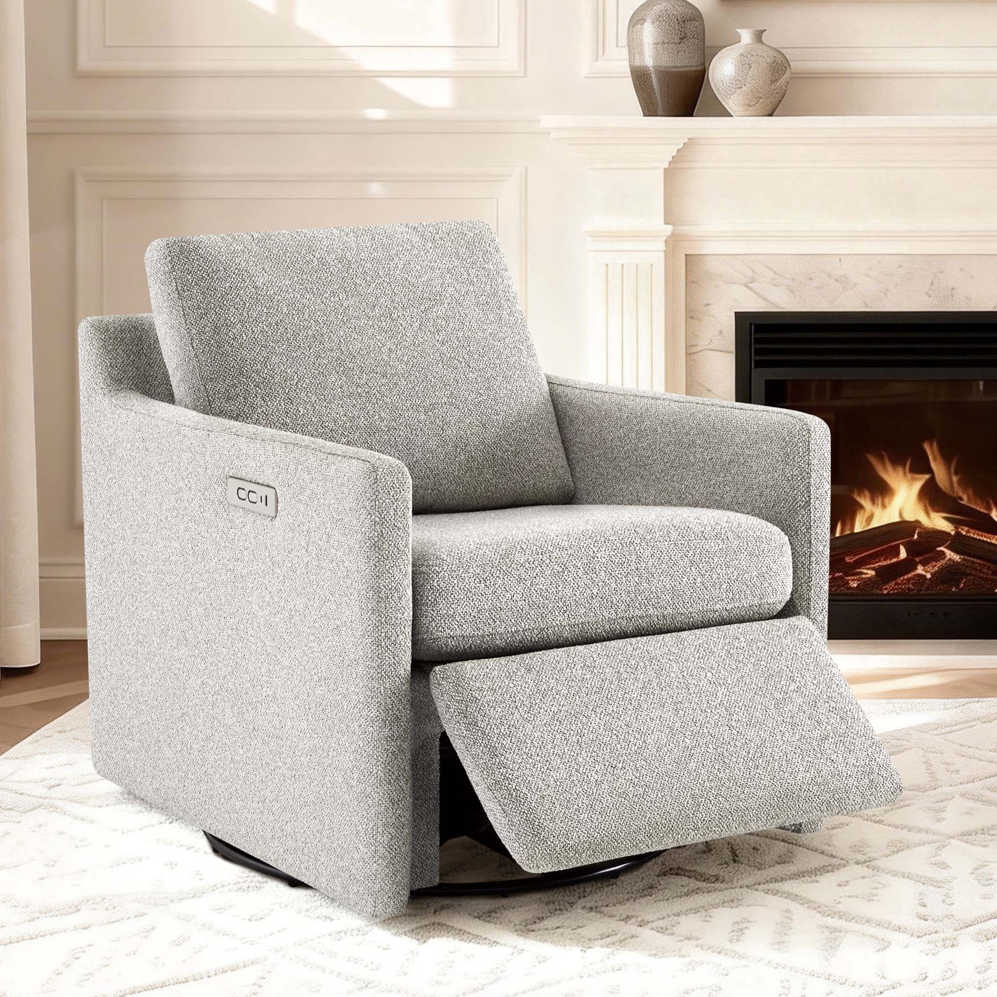 Spruce & Spring 270-Degree Swivel Accent Chair with Power Footrest & Charging Ports, Light Gray