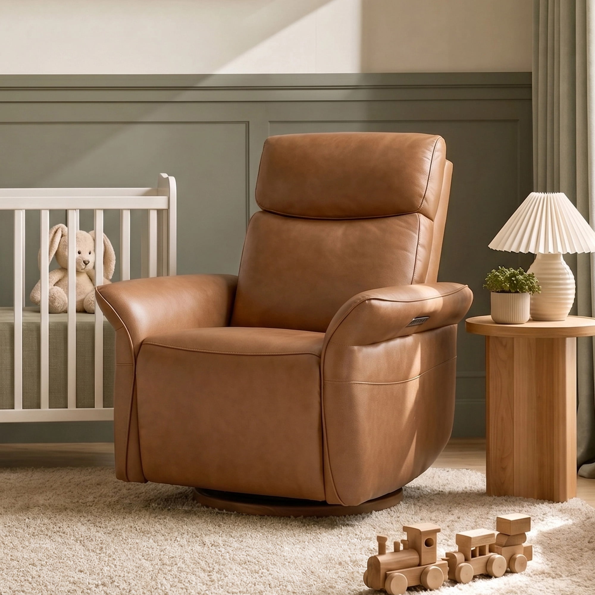 Spruce & Spring 270° Power Swivel Leather Glider Recliner with Power Headrest & Lumbar, USB & Type-C Charging, for Nursery & Living Room, Saddle Brown
