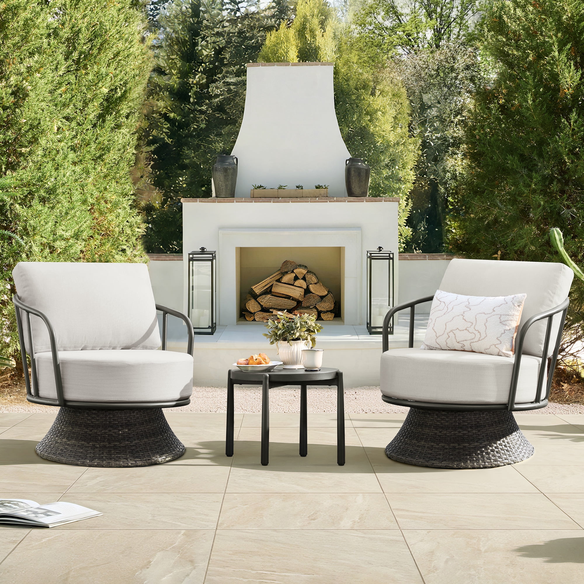 Spruce & Spring 3-Piece Patio Furniture Set, Outdoor Swivel Wicker Chairs with Side Table, Light Gray Olefin Cushions & Dark Gray Wicker, for Porch, Deck & Backyard