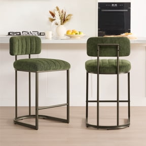 Spruce & Spring 26" Fixed Counter Height Bar Stools Set of 2, Upholstered Counter Chairs with Curved Back & Channel Tufting, Metal Base for Kitchen Island & Home Bar, Green Fabric