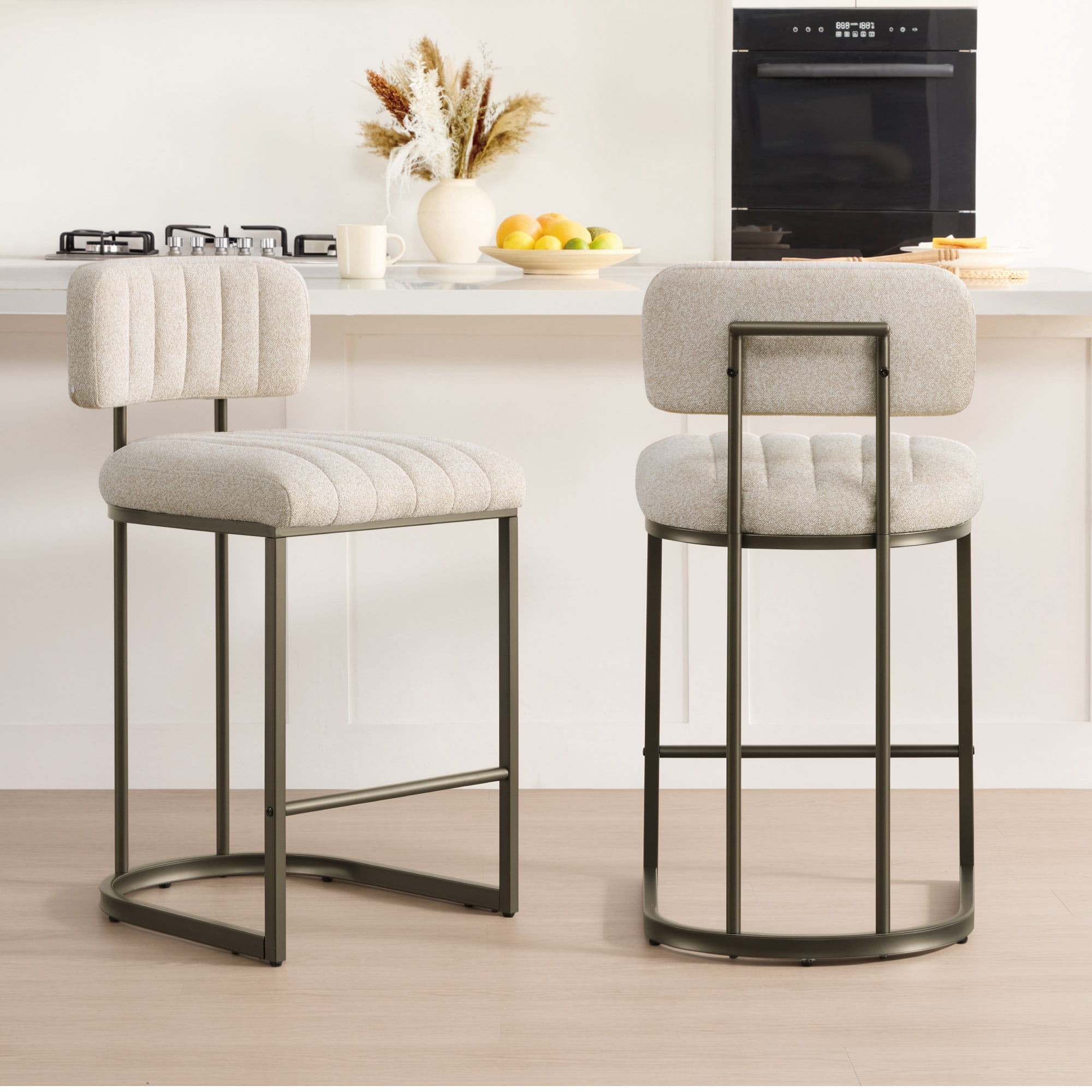 Spruce & Spring 30.5" Swivel Bar Stools Set of 2, Upholstered Bar Chairs with Curved Back & Channel Tufting, Metal Base for Kitchen Island & Home Bar, Sand