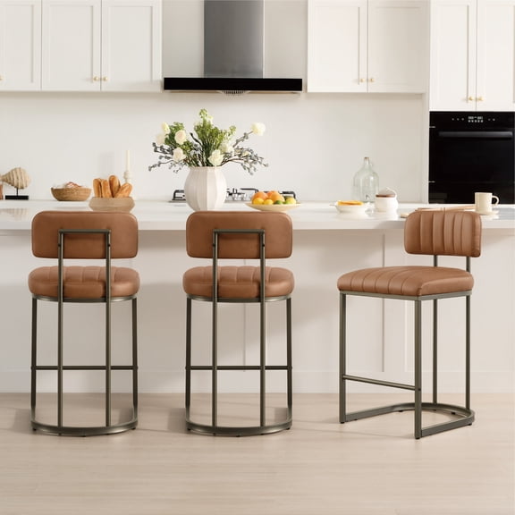 Spruce & Spring 30.5" Swivel Bar Stools Set of 3, Upholstered Bar Chairs with Curved Back & Channel Tufting, Metal Base for Kitchen Island & Home Bar, Brown