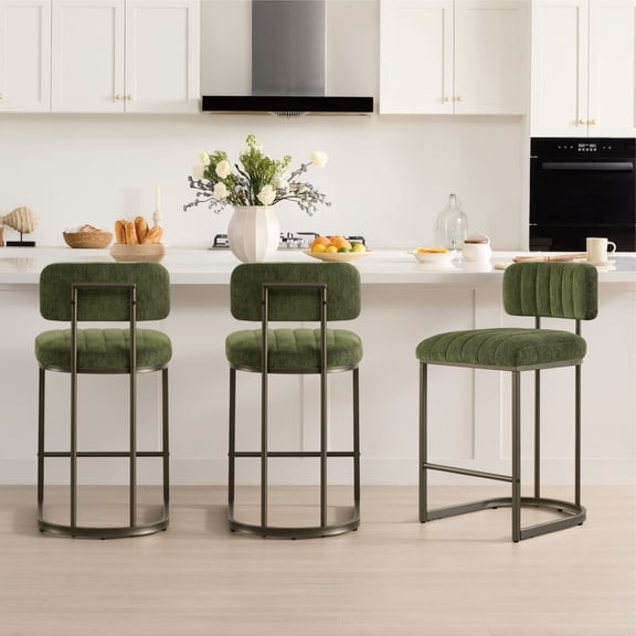 Spruce & Spring 30.5" Swivel Bar Stools Set of 3, Upholstered Bar Chairs with Curved Back & Channel Tufting, Metal Base for Kitchen Island & Home Bar, Green