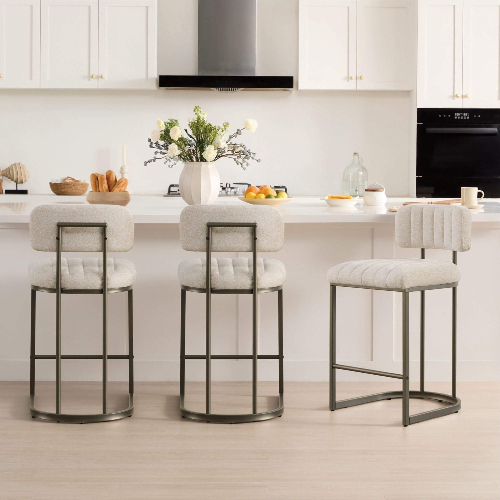 Spruce & Spring 26" Fixed Counter Height Bar Stools Set of 3, Upholstered Counter Chairs with Curved Back & Channel Tufting, Metal Base for Kitchen Island & Home Bar, Sand Fabric