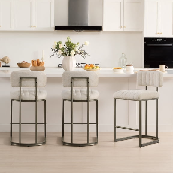 Spruce & Spring 30.5" Swivel Bar Stools Set of 3, Upholstered Bar Chairs with Curved Back & Channel Tufting, Metal Base for Kitchen Island & Home Bar, Sand