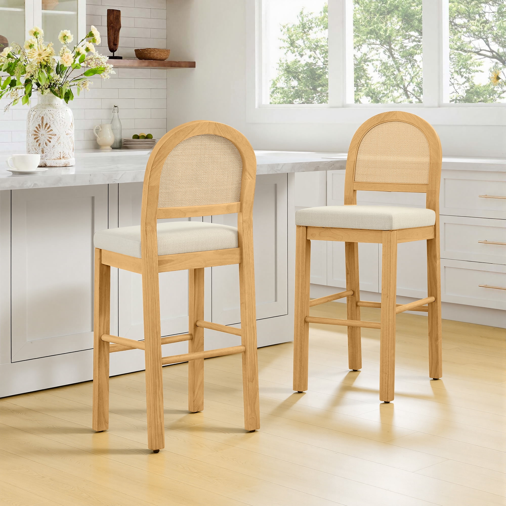 Spruce & Spring 30" Rattan Bar Height Bar Stools Set of 2 with Upholstered Seat, Natural Wood Frame for Kitchen Island, Cream Fabric