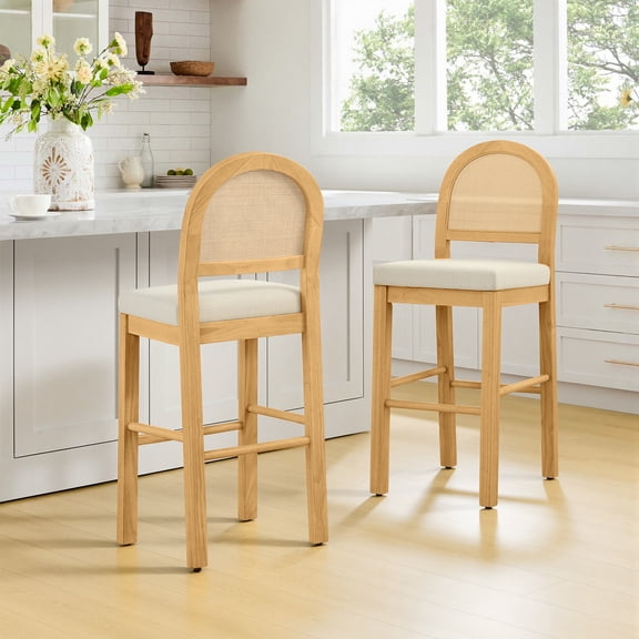Spruce & Spring 30" Rattan Bar Height Bar Stools Set of 2 with Upholstered Seat, Natural Wood Frame for Kitchen Island, Cream Fabric
