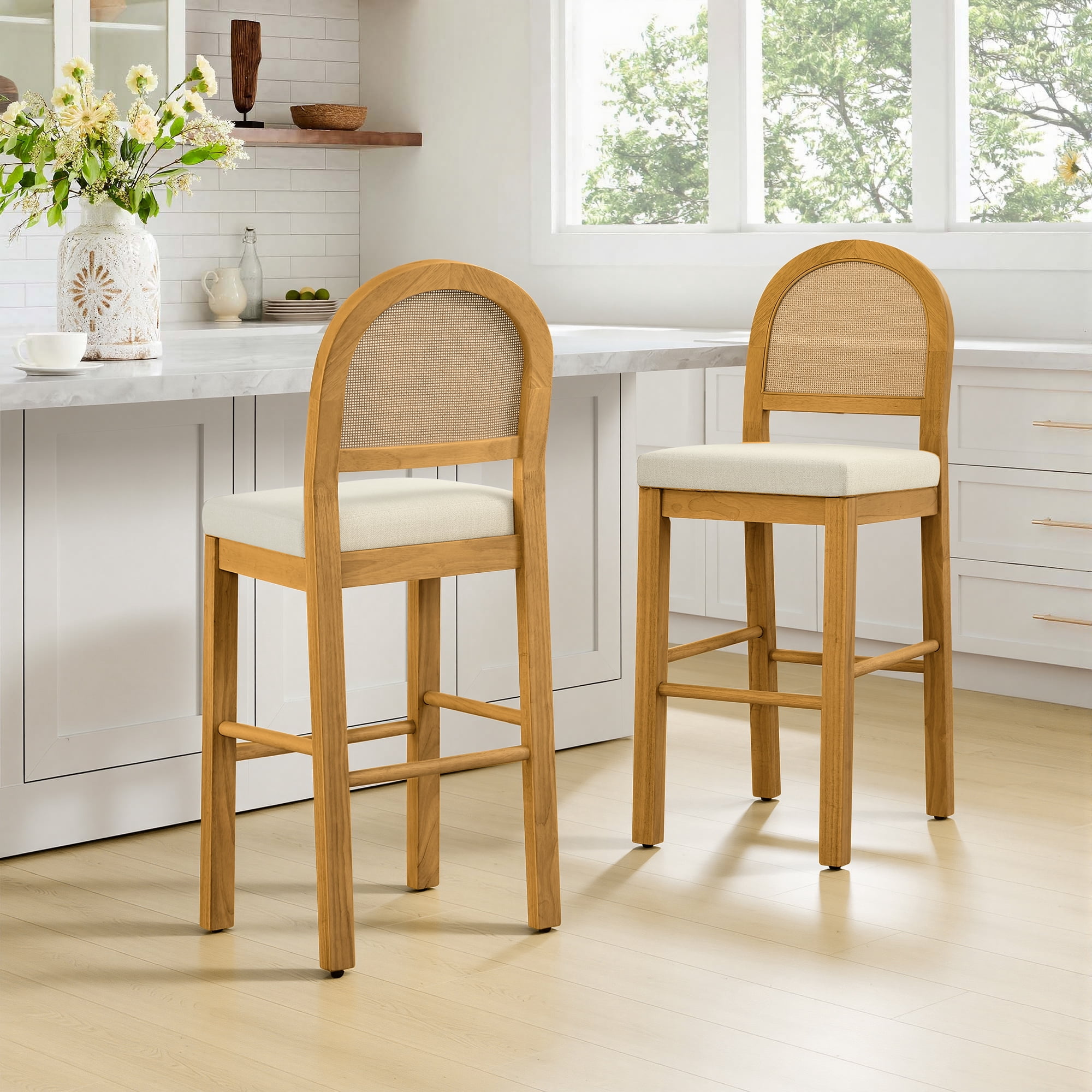 Spruce & Spring 30" Rattan Bar Height Bar Stools Set of 2 with Upholstered Seat, Walnut Wood Frame for Kitchen Island, Cream Fabric