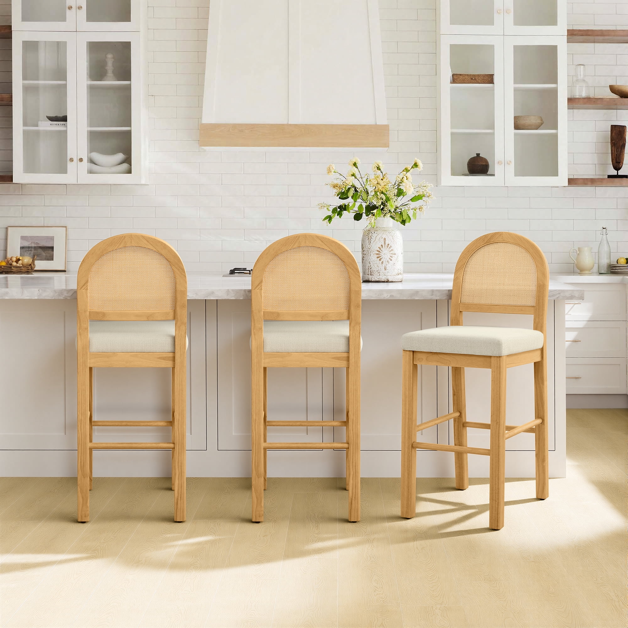 Spruce & Spring 30" Rattan Bar Height Bar Stools Set of 3 with Upholstered Seat, Natural Wood Frame for Dining Room, Cream Fabric