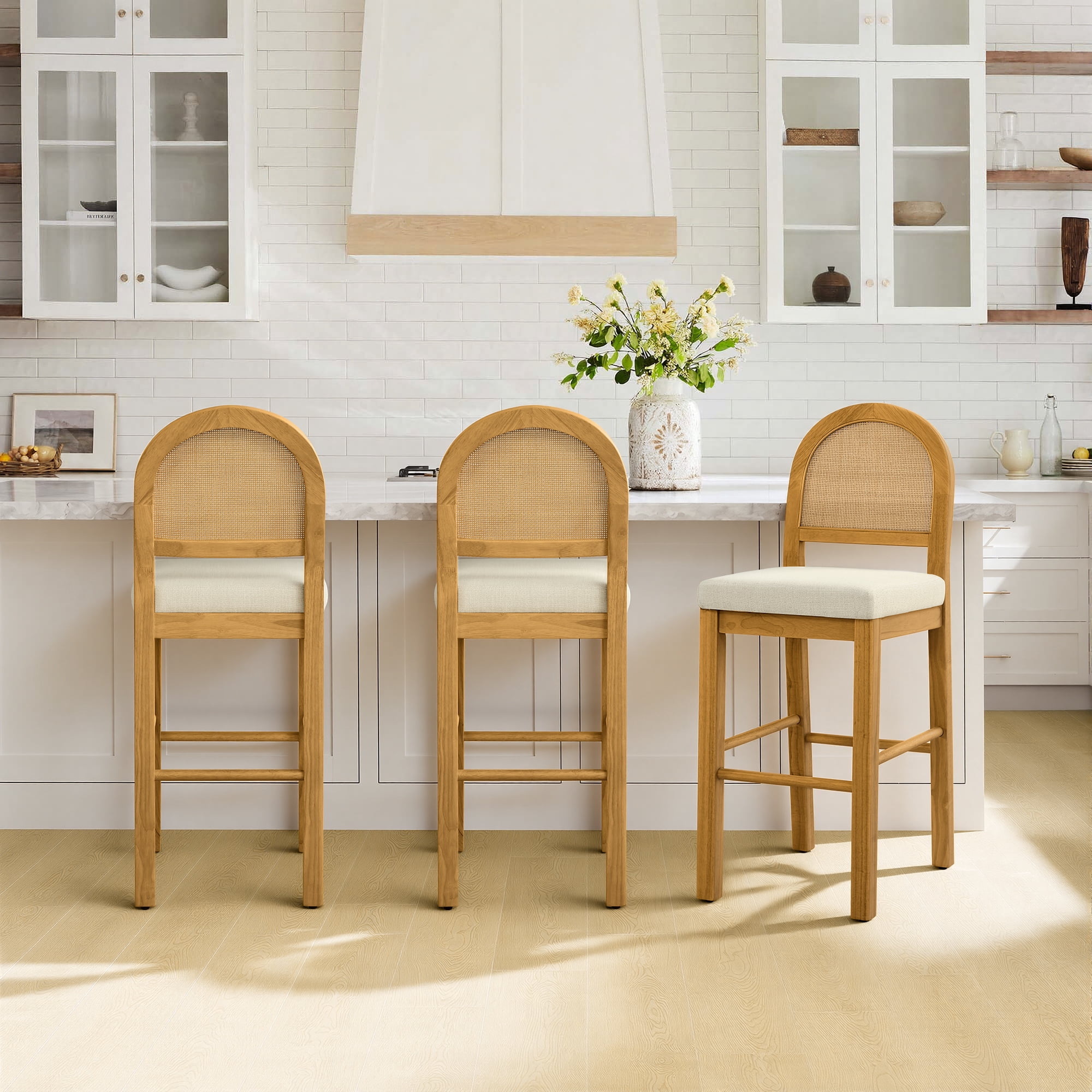 Spruce & Spring 30" Rattan Bar Height Bar Stools Set of 3 with Upholstered Seat, Walnut Wood Frame for Dining Room, Cream Fabric