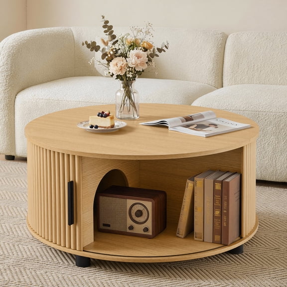 Spruce & Spring 31.5" Round Lift-Top Coffee Table with Storage, Fluted Drum Table with Sliding Door & Curved Pet Opening, Mid-Century Modern Wood Coffee Table for Living Room and Small Spaces, Oak