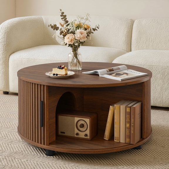 Spruce & Spring 31.5" Round Lift-Top Coffee Table with Storage, Fluted Drum Table with Sliding Door & Curved Pet Opening, Mid-Century Modern Wood Coffee Table for Living Room and Small Spaces, Walnut