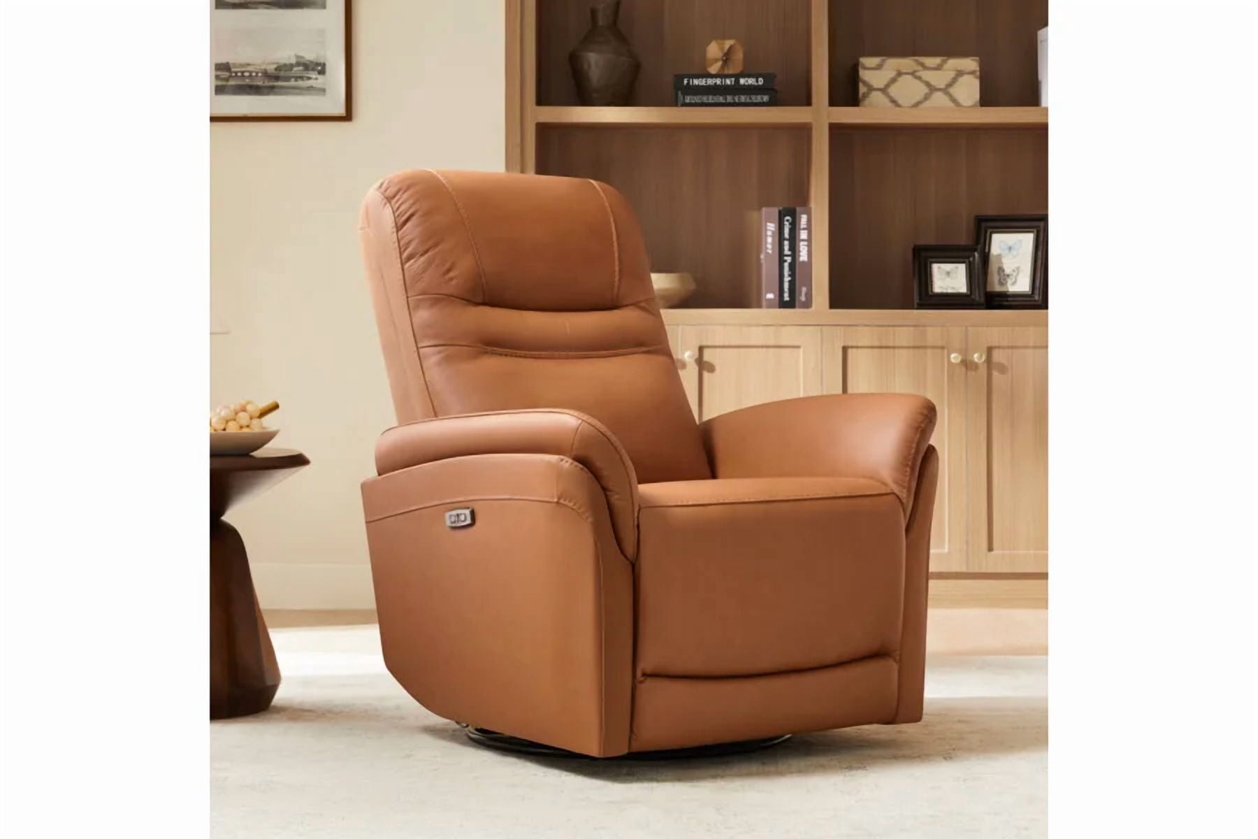 Spruce & Spring Premium Genuine Leather Swivel Gliding Power Recliner 1 Piece Indoor Use Brown Fabric