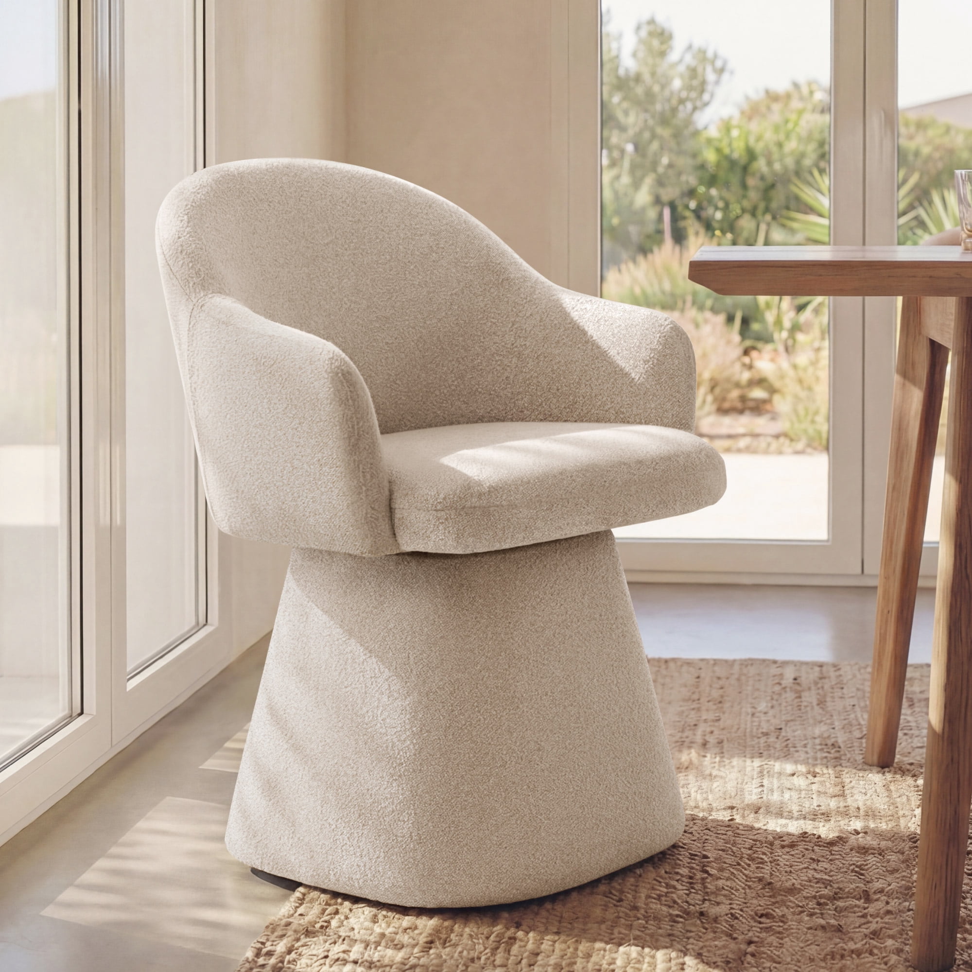 Spruce & Spring 360° Swivel Dining Chair, Spill-Proof & Stain Resistant Barrel Armchair with Rotating Base, Modern Upholstered Seat and Removable Back Support Pillow for Kitchen Living Room, Sand
