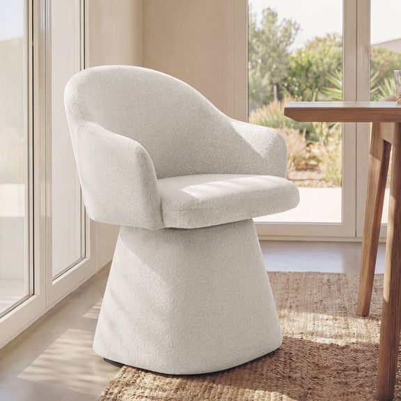Spruce & Spring 360° Swivel Dining Chair, Spill-Proof & Stain Resistant Barrel Armchair with Rotating Base, Modern Upholstered Seat and Removable Back Support Pillow for Kitchen Living Room, Ivory
