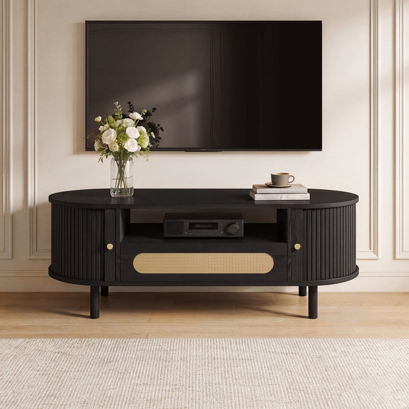 Spruce & Spring 47.2" Mid-Century Modern Rattan Coffee Table with Sliding Doors and Open Storage, Oval Center Table with Rattan Drawer, Solid Wood Legs for Living Room, Black
