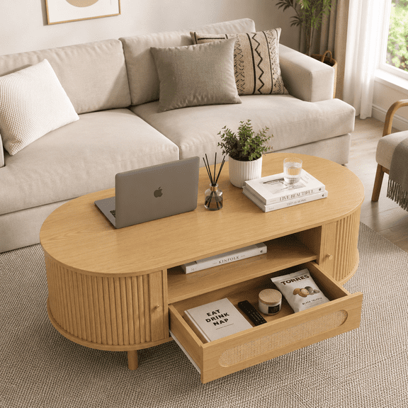 Spruce & Spring 47.2" Mid-Century Modern Rattan Coffee Table with Sliding Doors and Open Storage, Oval Center Table with Rattan Drawer, Solid Wood Legs for Living Room, Oak