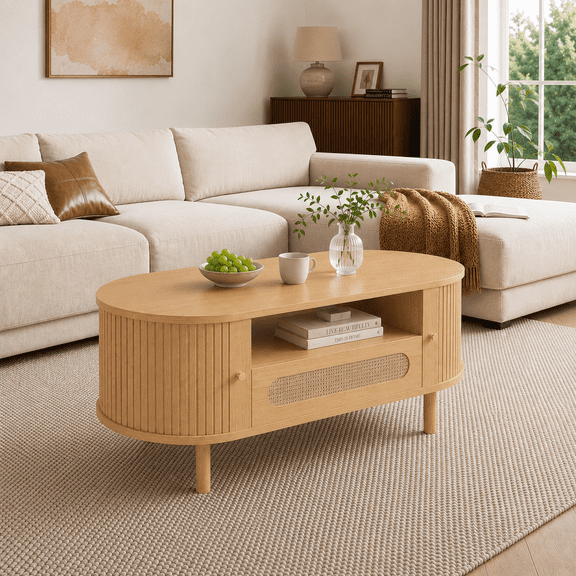 Spruce & Spring 47.2" Mid-Century Modern Rattan Coffee Table with Sliding Doors and Open Storage, Oval Center Table with Rattan Drawer, Solid Wood Legs for Living Room, Oak