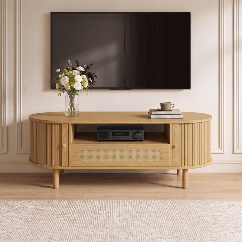 Spruce & Spring 47.2" Mid-Century Modern Rattan Coffee Table with Sliding Doors and Open Storage, Oval Center Table with Rattan Drawer, Solid Wood Legs for Living Room, Oak