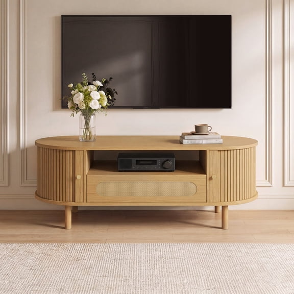 Spruce & Spring 47.2" Mid-Century Modern Rattan Coffee Table with Sliding Doors and Open Storage, Oval Center Table with Rattan Drawer, Solid Wood Legs for Living Room, Oak