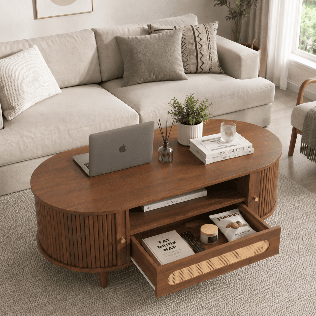 Spruce & Spring 47.2" Mid-Century Modern Rattan Coffee Table with Sliding Doors and Open Storage, Oval Center Table with Rattan Drawer, Solid Wood Legs for Living Room, Walnut
