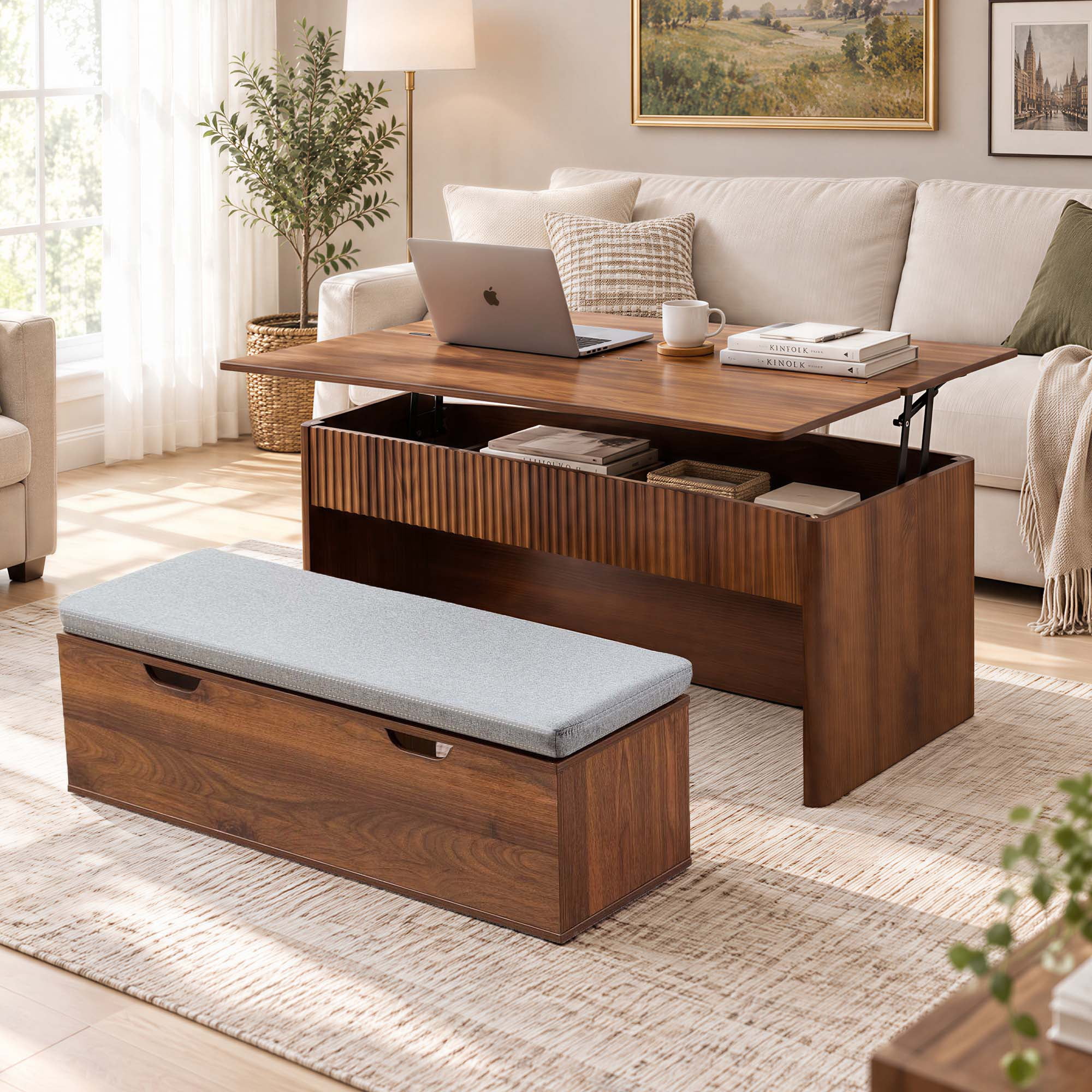 Spruce & Spring 47" Dual Lift Top Coffee Table with Upholstered Bench & Storage, 4-in-1 Convertible Work Table for Living Room & Apartment, Walnut