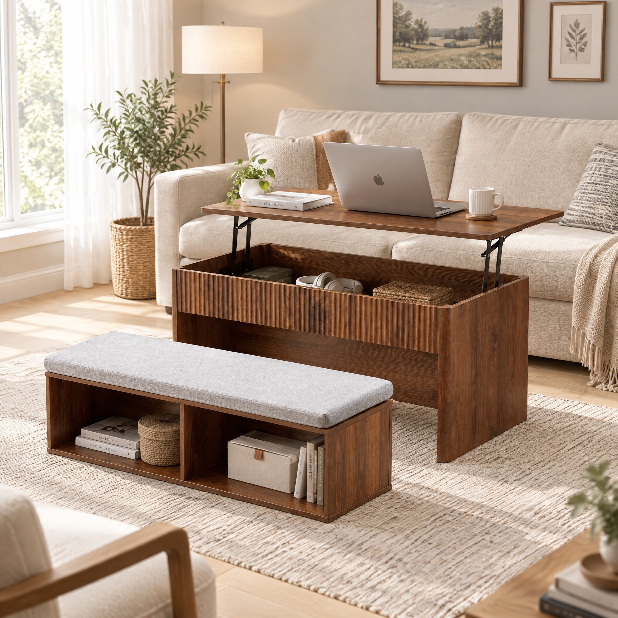 Spruce & Spring 47" Lift Top Coffee Table with Nesting Bench & Storage, Fluted Wood Design, 4-in-1 Convertible Center Table for Living Room & Small Spaces, Walnut