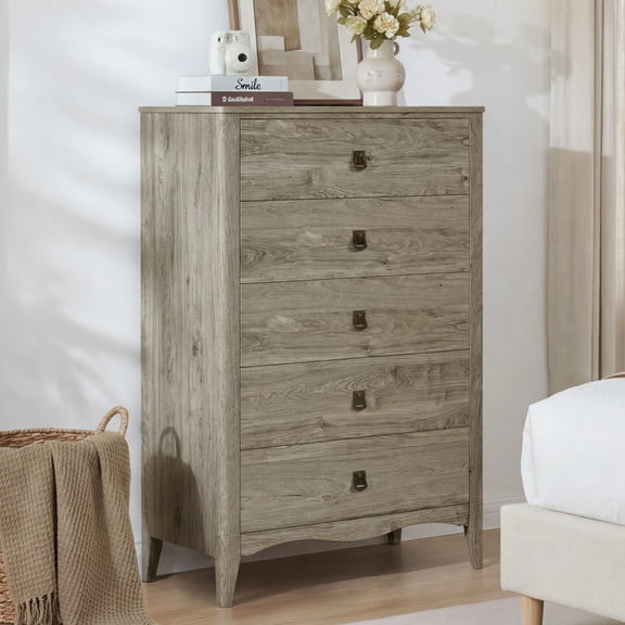 Spruce & Spring 5-Drawer Dresser, Wood Chest of Drawers with Antique Bronze Handles, Rustic Storage Cabinet, Anti-Tip Design, Gray