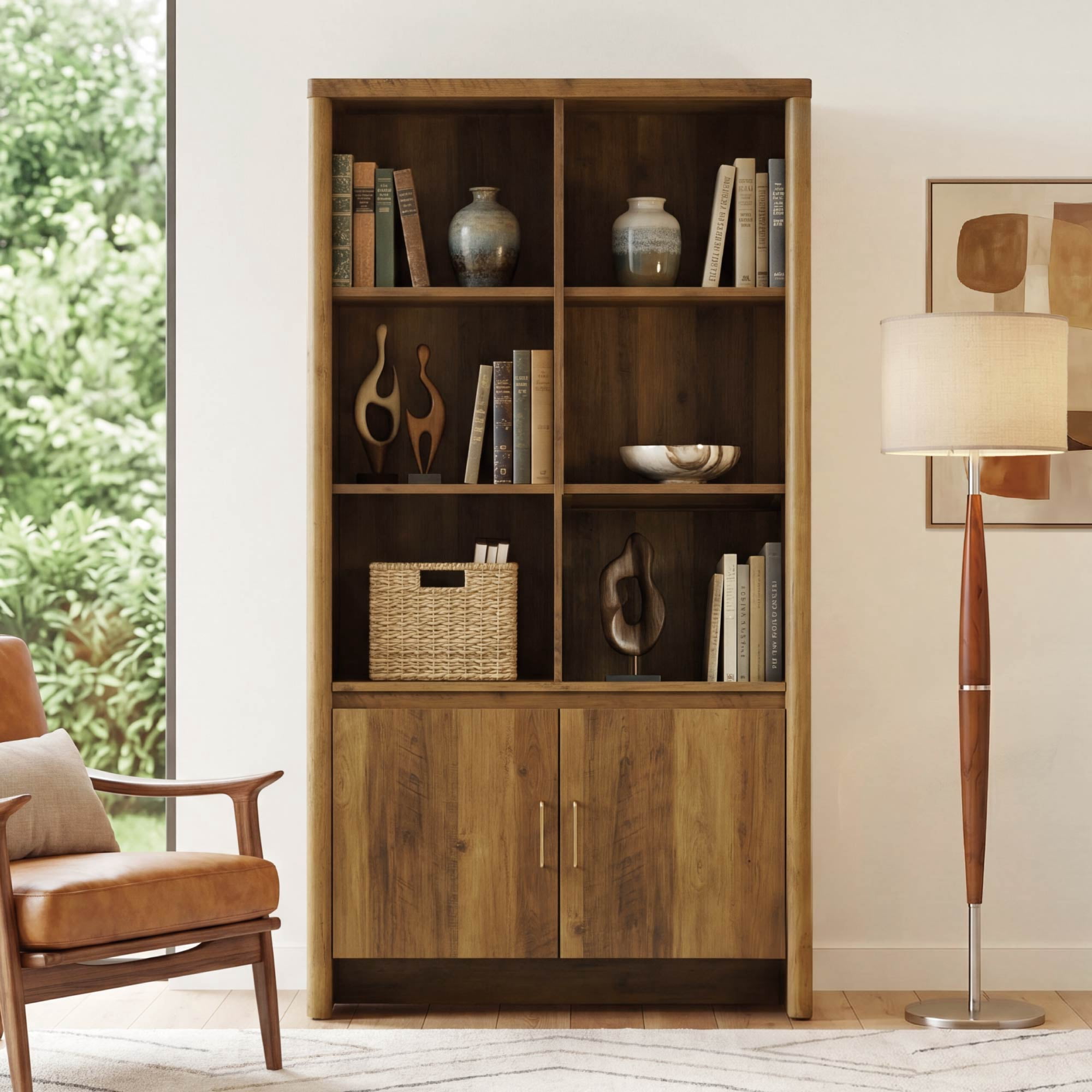 Spruce & Spring 59.3" Tall Bookshelf with Storage, 2-Door 6-Cube Library Bookcase with Adjustable Shelves, Modern Cabinet for Living Room Dining Room Office Hallway, Walnut
