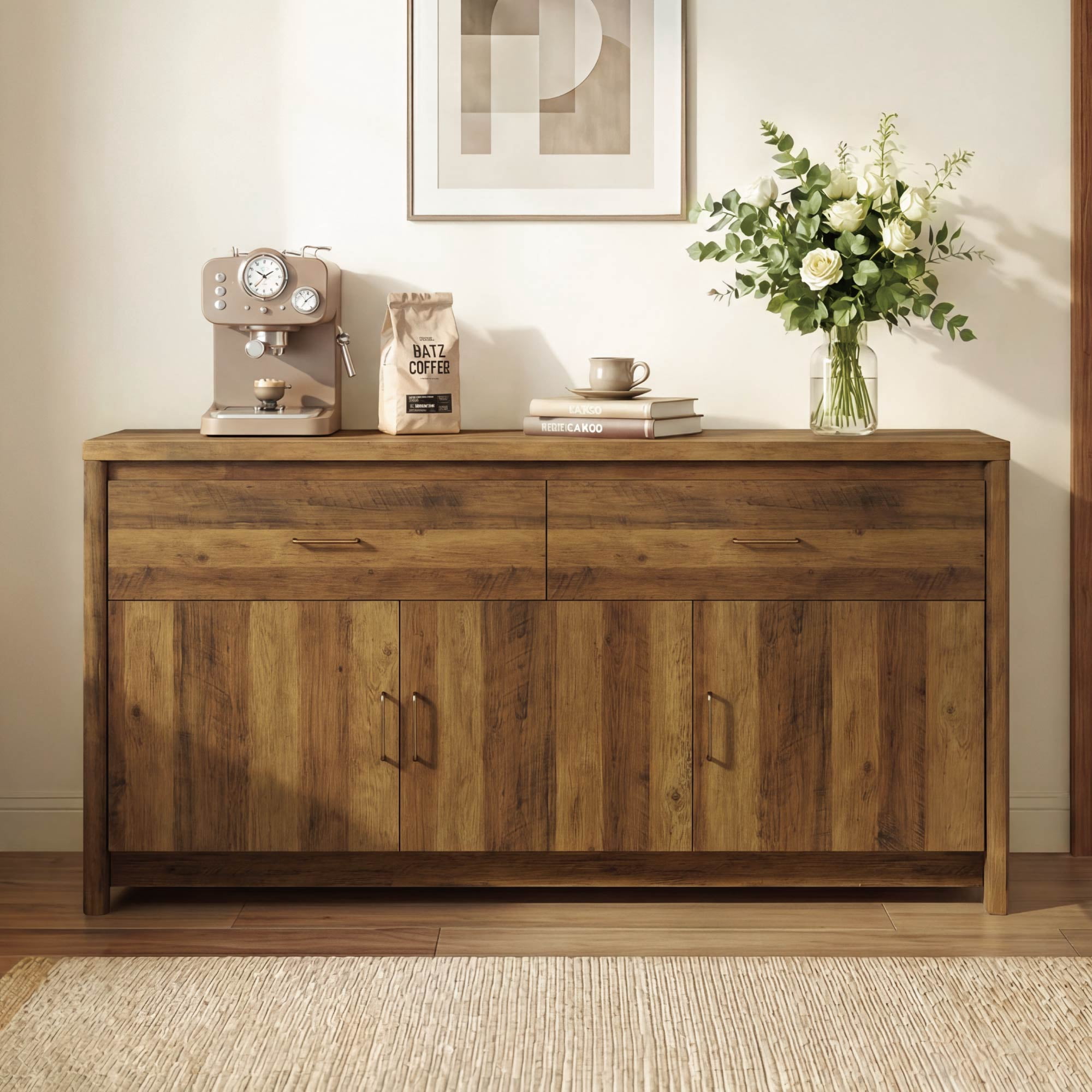 Spruce & Spring 59" Curved Sideboard Buffet Cabinet with Storage, Modern 3-Door 2-Drawer Credenza for Dining Room Living Room Entryway, Oak