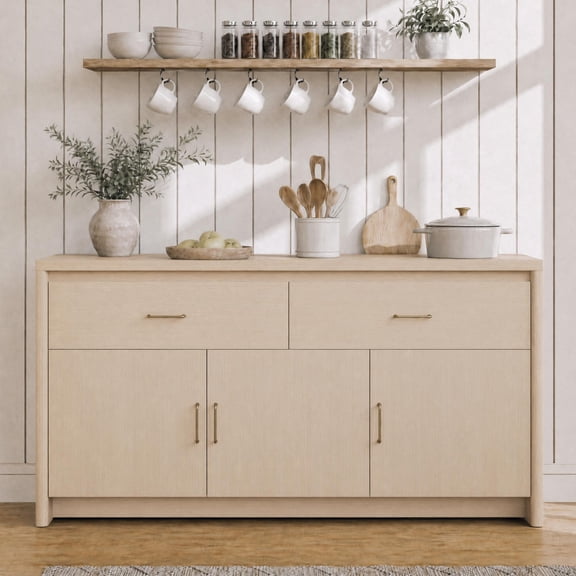Spruce & Spring 59" Curved Sideboard Buffet Cabinet with Storage, Modern 3-Door 2-Drawer Credenza for Dining Room Living Room Entryway, Oak