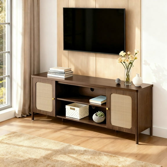Spruce & Spring 62-inch Media Console with Boho Rattan Weaving for Living Room
