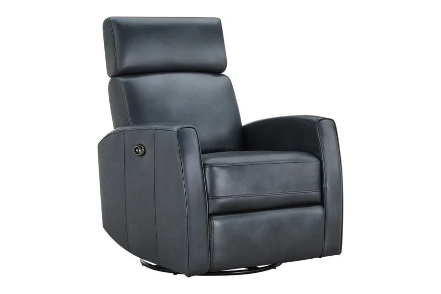 Spruce & Spring Premium Genuine Leather Power Swivel Glider Recliner With Dual Armrests 1 Piece Indoor Use Blue Fabric