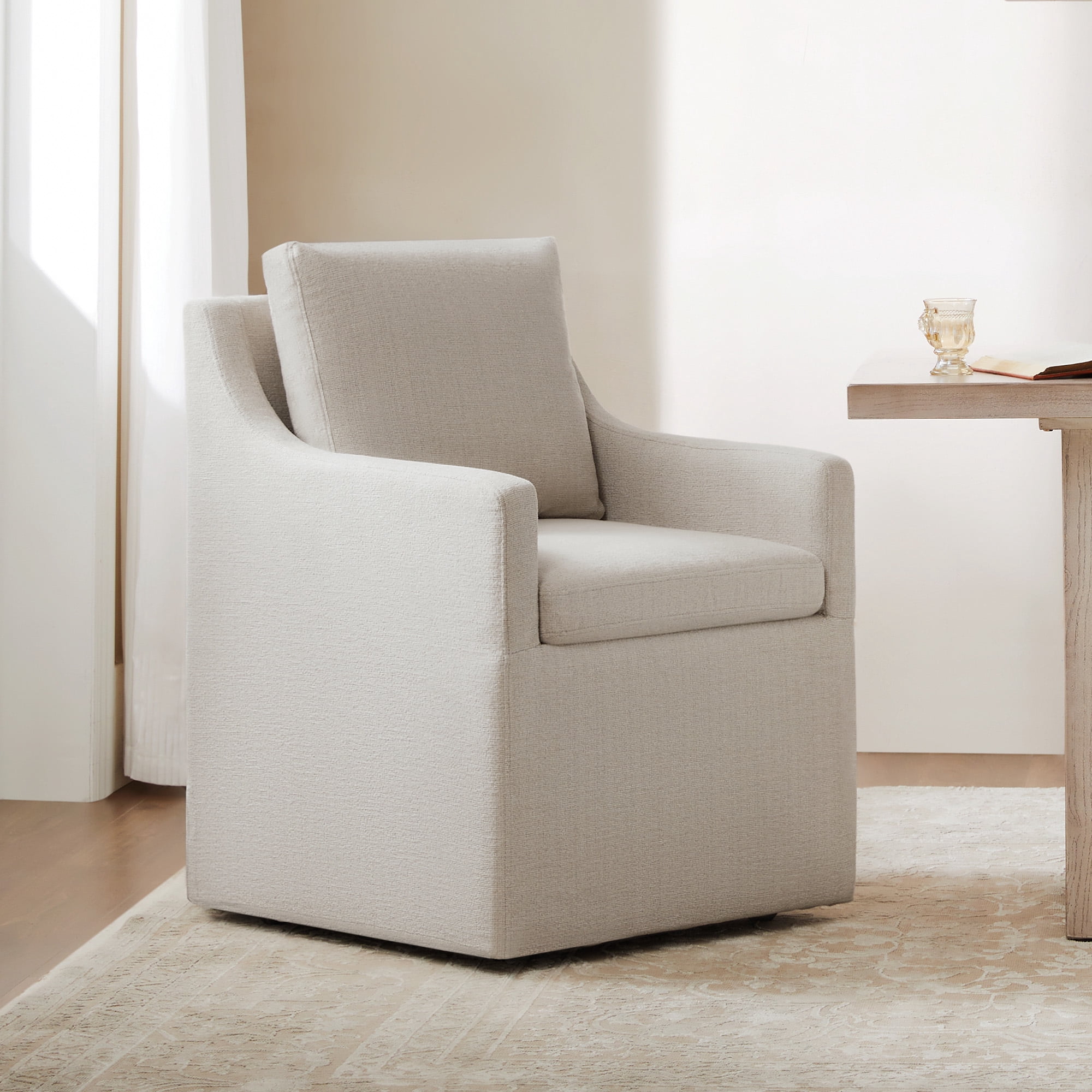 Spruce & Spring Anywhere Multipurpose Armchair with Storage & Hidden Casters, Slipcovered Cotton-Blend Dining Chair, Beige