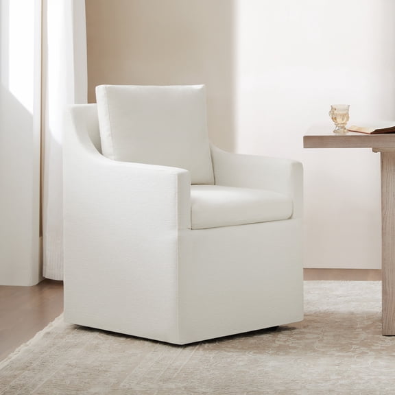 Spruce & Spring Anywhere Multipurpose Armchair with Storage & Hidden Casters, Slipcovered Cotton-Blend Dining Chair, Ivory