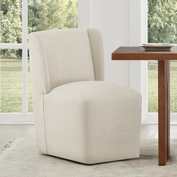 Spruce & Spring Anywhere Upholstered Dining Chair with Hidden Detachable Casters, Stain-Resistant Linen-Look Fabric, Beige