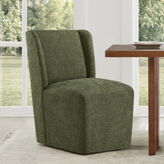 Spruce & Spring Anywhere Upholstered Dining Chair with Hidden Detachable Casters, Stain-Resistant Linen-Look Fabric, Green