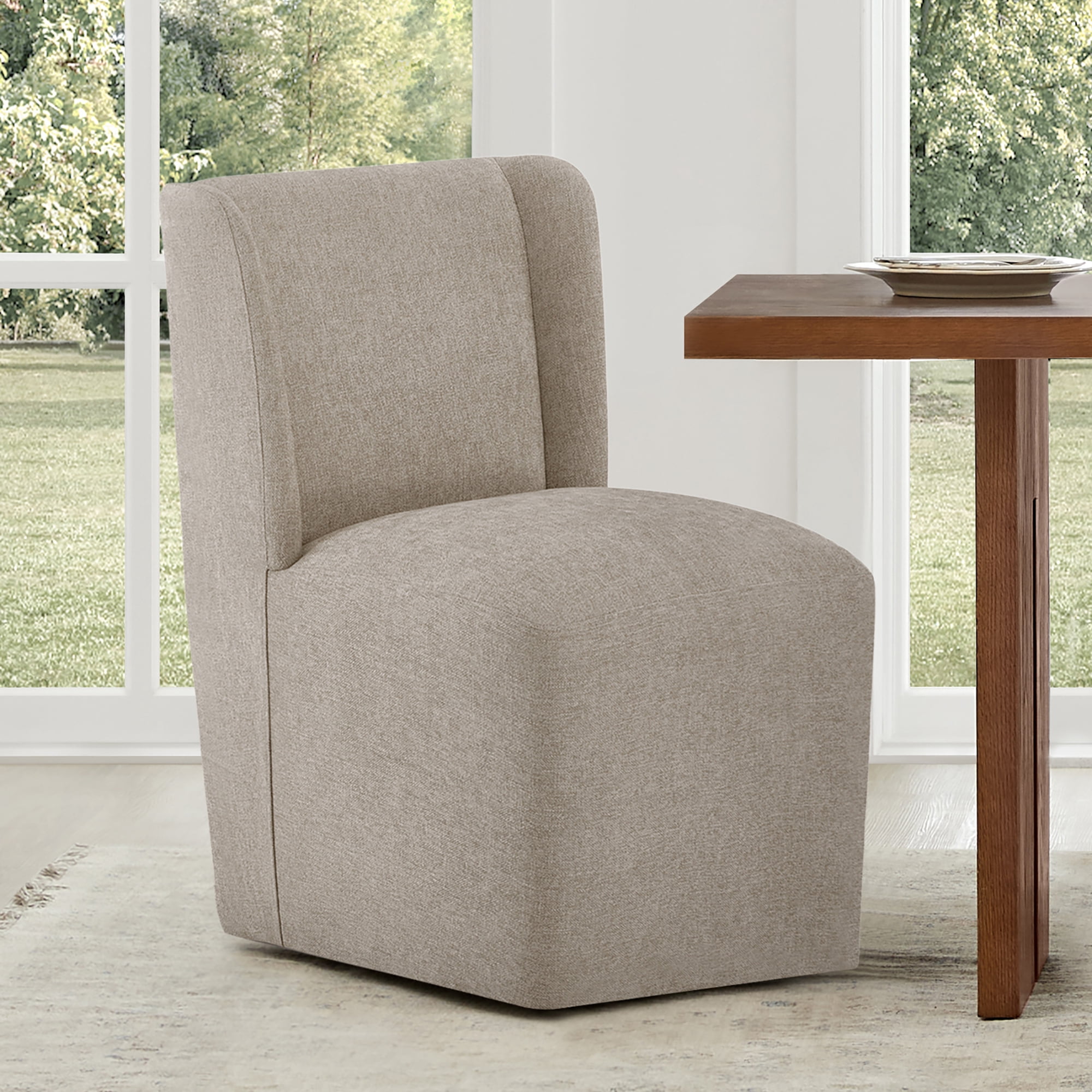 Spruce & Spring Anywhere Upholstered Dining Chair with Hidden Detachable Casters, Stain-Resistant Linen-Look Fabric, Khaki