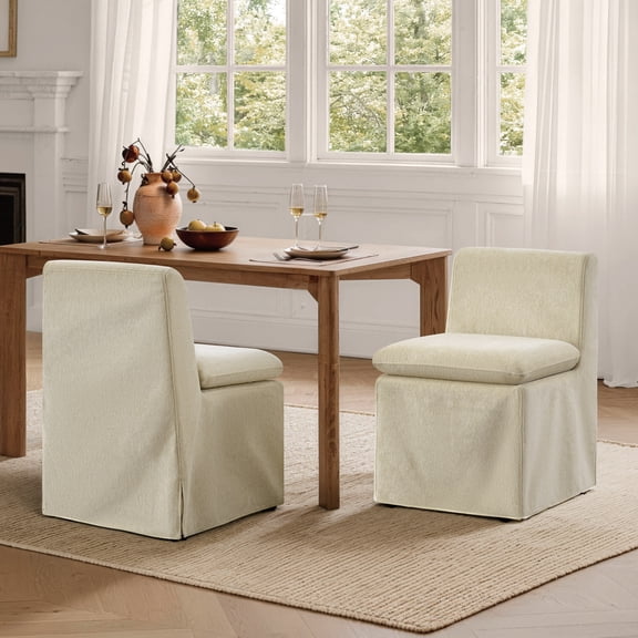 Spruce & Spring Armless Dining Chair with Casters and Washable Slipcover Set of 2, Sand in Fabric