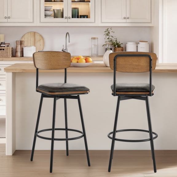 Spruce & Spring Bar Height Swivel Bar Stool with Wood Back and Metal Base Set of 2, Dark Grey, Faux Leather