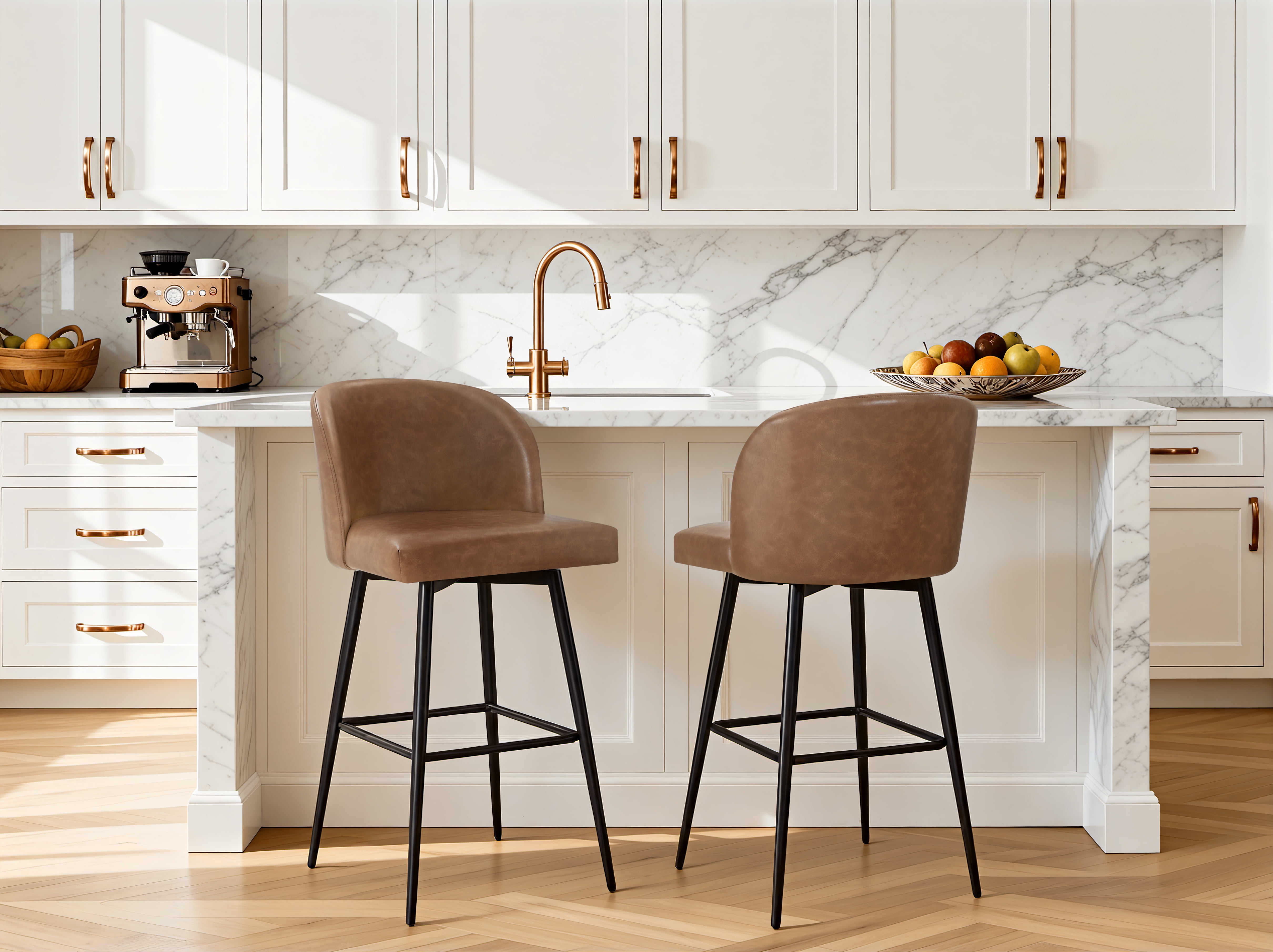 Spruce & Spring Bar Height Swivel Barstool with Metal Legs Set of 2, Saddle Brown, Faux Leather