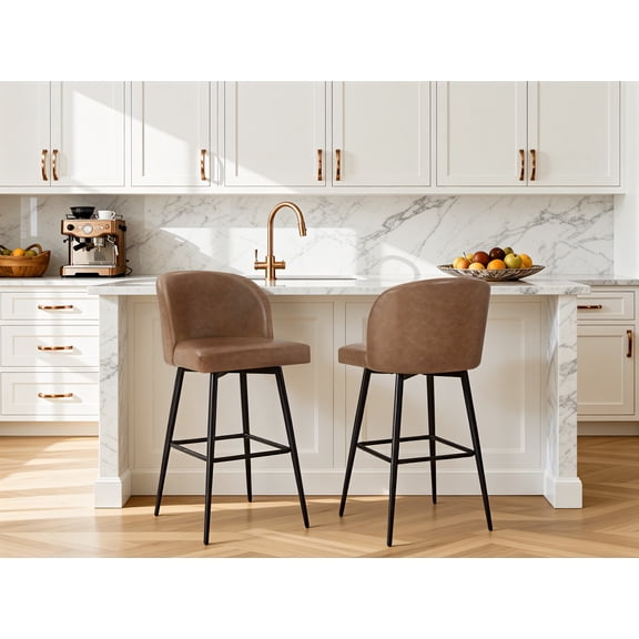 Spruce & Spring Bar Height Swivel Barstool with Metal Legs Set of 2, Saddle Brown, Faux Leather