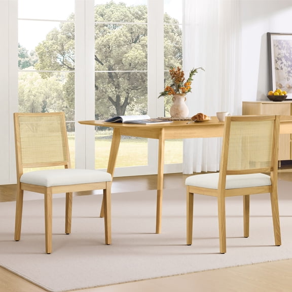 Spruce & Spring Boho Dining Chairs Set of 2 with Hand-Woven Natural Rattan Back, Upholstered Seat & Solid Wood Frame for Dining Room & Kitchen, Ivory Fabric