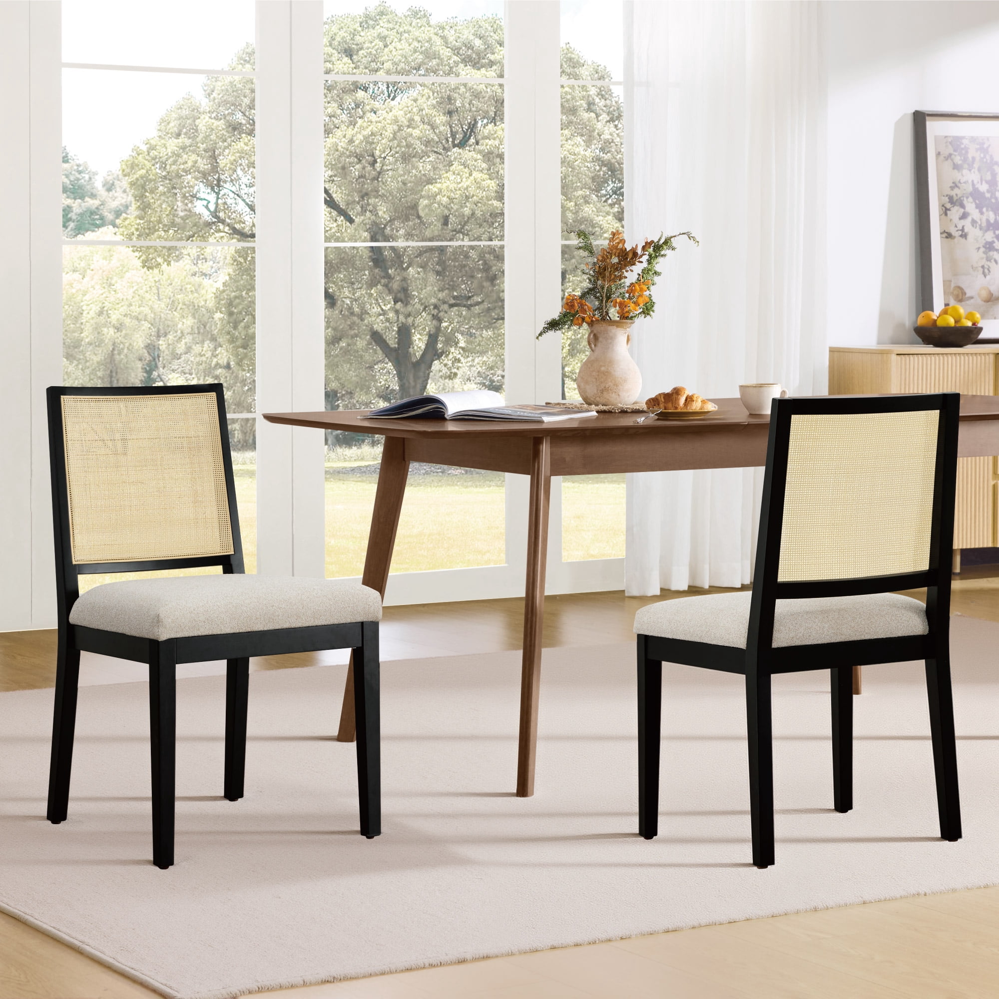 Spruce & Spring Boho Dining Chairs Set of 2 with Hand-Woven Natural Rattan Back, Upholstered Seat & Solid Wood Frame for Dining Room & Kitchen, Oatmeal Fabric